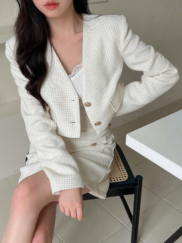 Solid Button Front Crop Jacket & Skirt Without Cami Top