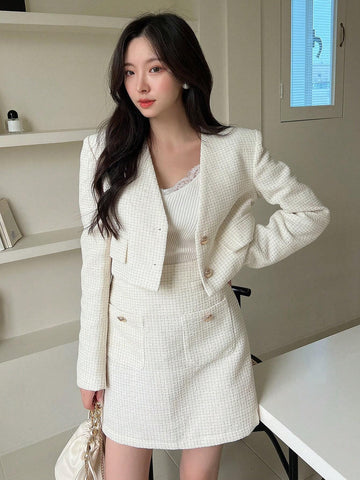 Solid Button Front Crop Jacket & Skirt Without Cami Top