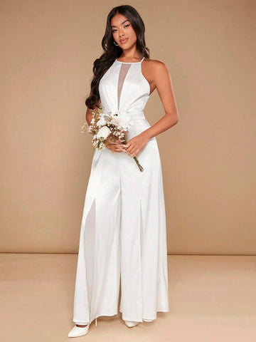 Mesh Insert Wide Leg Halter Jumpsuit