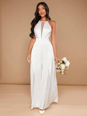 Mesh Insert Wide Leg Halter Jumpsuit