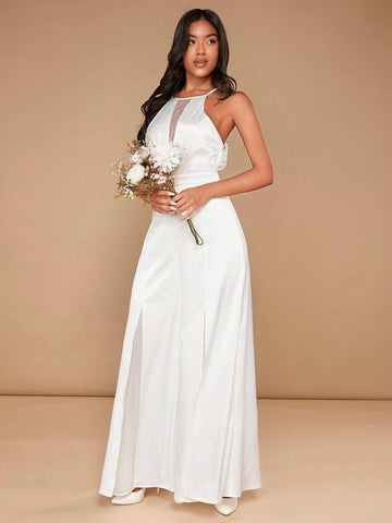 Mesh Insert Wide Leg Halter Jumpsuit