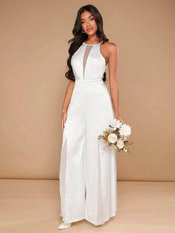 Mesh Insert Wide Leg Halter Jumpsuit