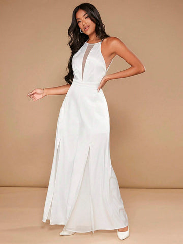 Mesh Insert Wide Leg Halter Jumpsuit