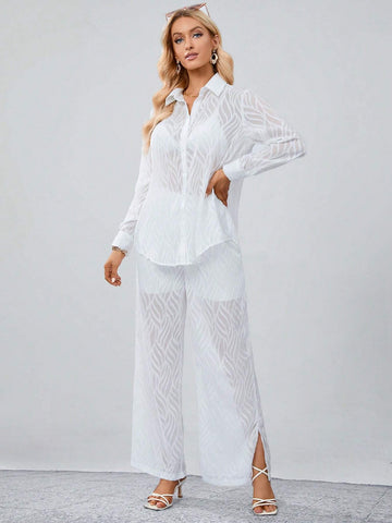 Solid Button Front Shirt & Wide Leg Pants