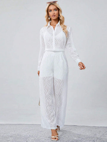 Solid Button Front Shirt & Wide Leg Pants