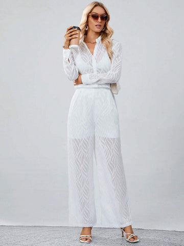 Solid Button Front Shirt & Wide Leg Pants