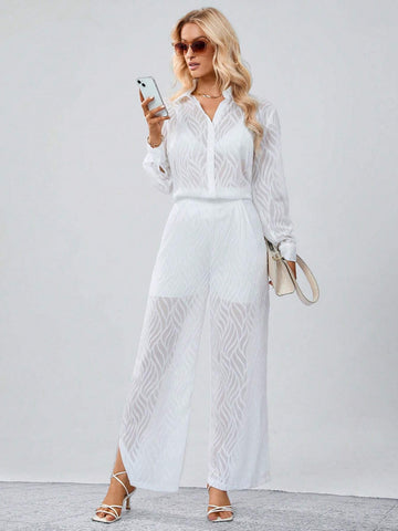 Solid Button Front Shirt & Wide Leg Pants