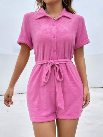 Solid Button Front Belted Shirt Romper