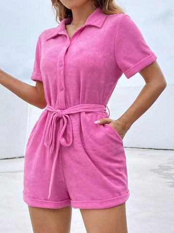 Solid Button Front Belted Shirt Romper