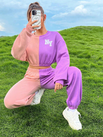 Letter Graphic Two Tone Drop Shoulder Crop Sweatshirt & Sweatpants
