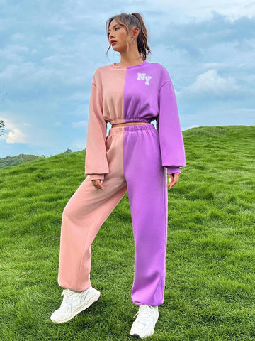 Letter Graphic Two Tone Drop Shoulder Crop Sweatshirt & Sweatpants
