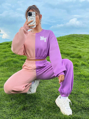 Letter Graphic Two Tone Drop Shoulder Crop Sweatshirt & Sweatpants