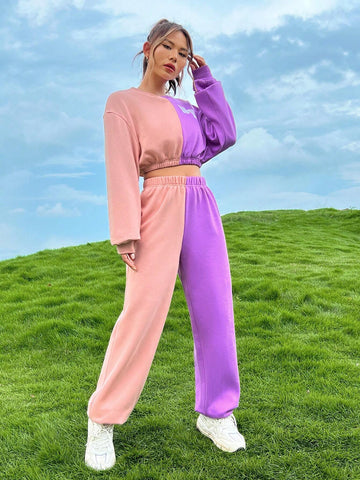 Letter Graphic Two Tone Drop Shoulder Crop Sweatshirt & Sweatpants