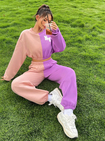 Letter Graphic Two Tone Drop Shoulder Crop Sweatshirt & Sweatpants