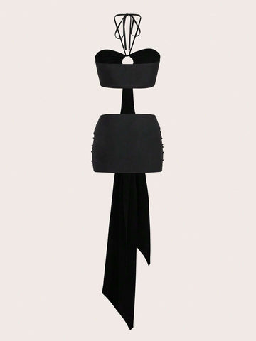 Solid Halter Neck Cut Out Bodysuit & Knot Side Skirt