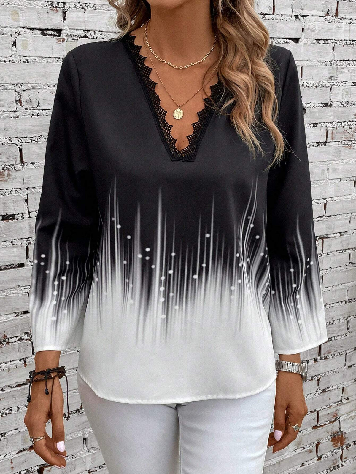 Colorblock Lace Trim Blouse