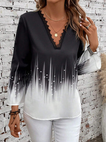 Colorblock Lace Trim Blouse