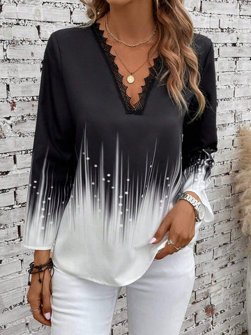 Colorblock Lace Trim Blouse
