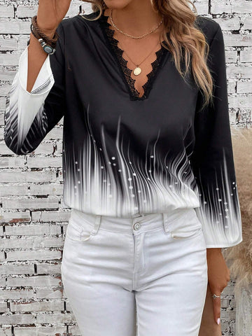 Colorblock Lace Trim Blouse