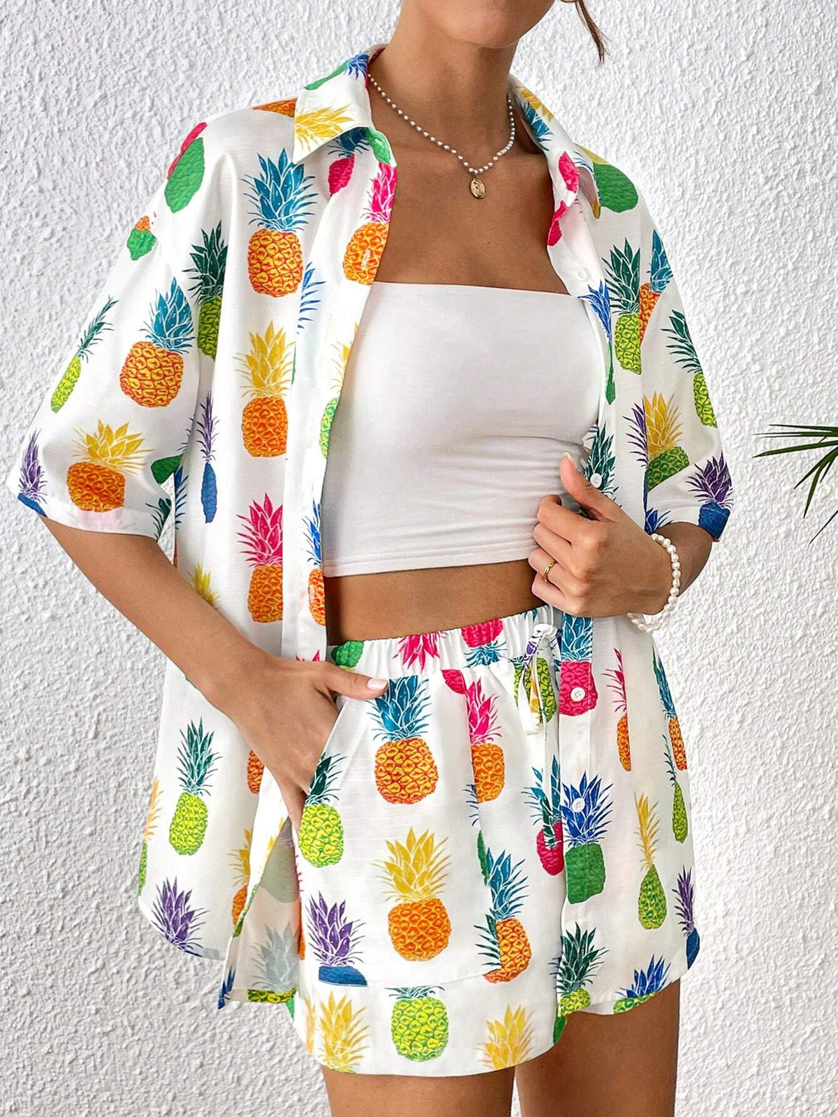 Pineapple Print Drop Shoulder Shirt & Shorts Without Cami Top