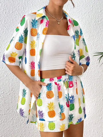 Pineapple Print Drop Shoulder Shirt & Shorts Without Cami Top