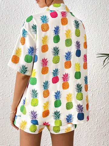Pineapple Print Drop Shoulder Shirt & Shorts Without Cami Top
