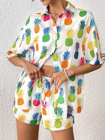 Pineapple Print Drop Shoulder Shirt & Shorts Without Cami Top