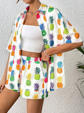 Pineapple Print Drop Shoulder Shirt & Shorts Without Cami Top