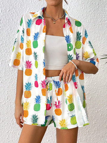 Pineapple Print Drop Shoulder Shirt & Shorts Without Cami Top