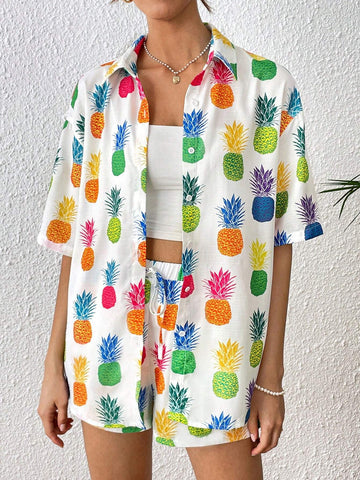 Pineapple Print Drop Shoulder Shirt & Shorts Without Cami Top