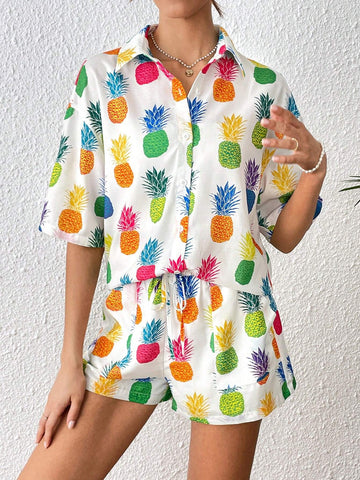 Pineapple Print Drop Shoulder Shirt & Shorts Without Cami Top