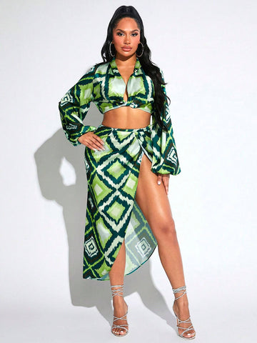 Allover Print Lantern Sleeve Crop Top & Split Thigh Skirt
