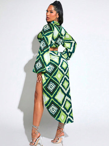 Allover Print Lantern Sleeve Crop Top & Split Thigh Skirt
