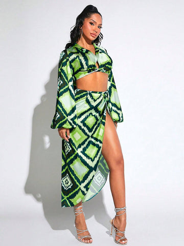 Allover Print Lantern Sleeve Crop Top & Split Thigh Skirt