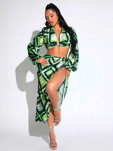 Allover Print Lantern Sleeve Crop Top & Split Thigh Skirt