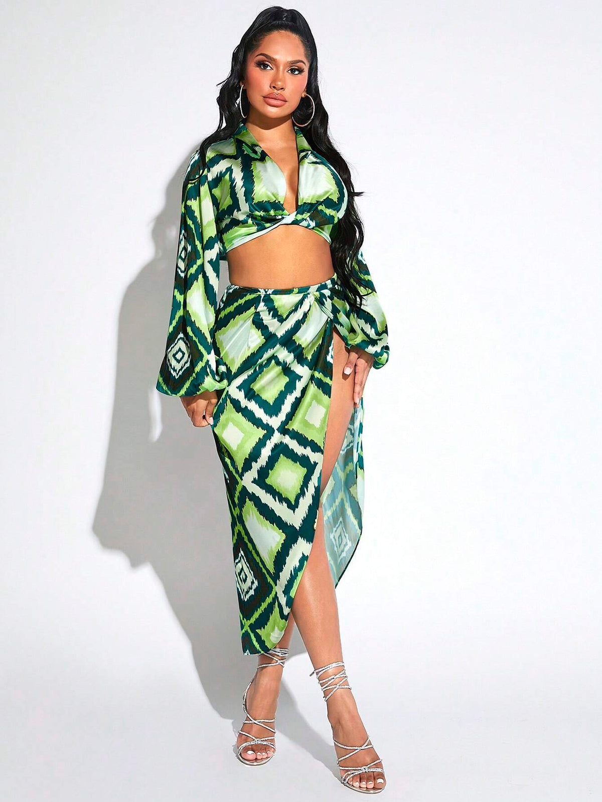 Allover Print Lantern Sleeve Crop Top & Split Thigh Skirt