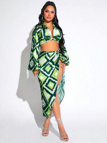 Allover Print Lantern Sleeve Crop Top & Split Thigh Skirt