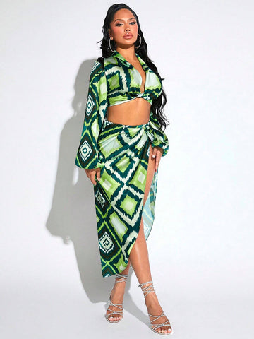Allover Print Lantern Sleeve Crop Top & Split Thigh Skirt