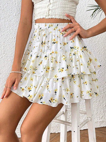 VCAY Ditsy Floral Print Tie Front Layered Ruffle Hem Skirt