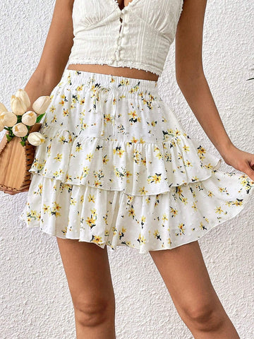 VCAY Ditsy Floral Print Tie Front Layered Ruffle Hem Skirt