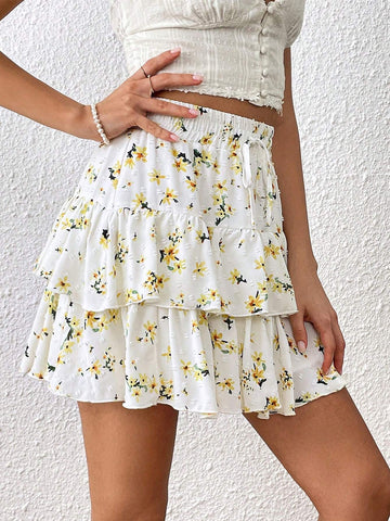 VCAY Ditsy Floral Print Tie Front Layered Ruffle Hem Skirt