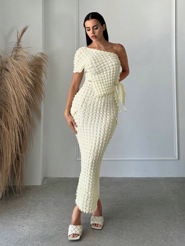 One Shoulder Knot Side Asymmetrical Hem Top & Pencil Skirt