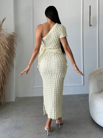 One Shoulder Knot Side Asymmetrical Hem Top & Pencil Skirt