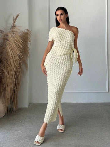 One Shoulder Knot Side Asymmetrical Hem Top & Pencil Skirt