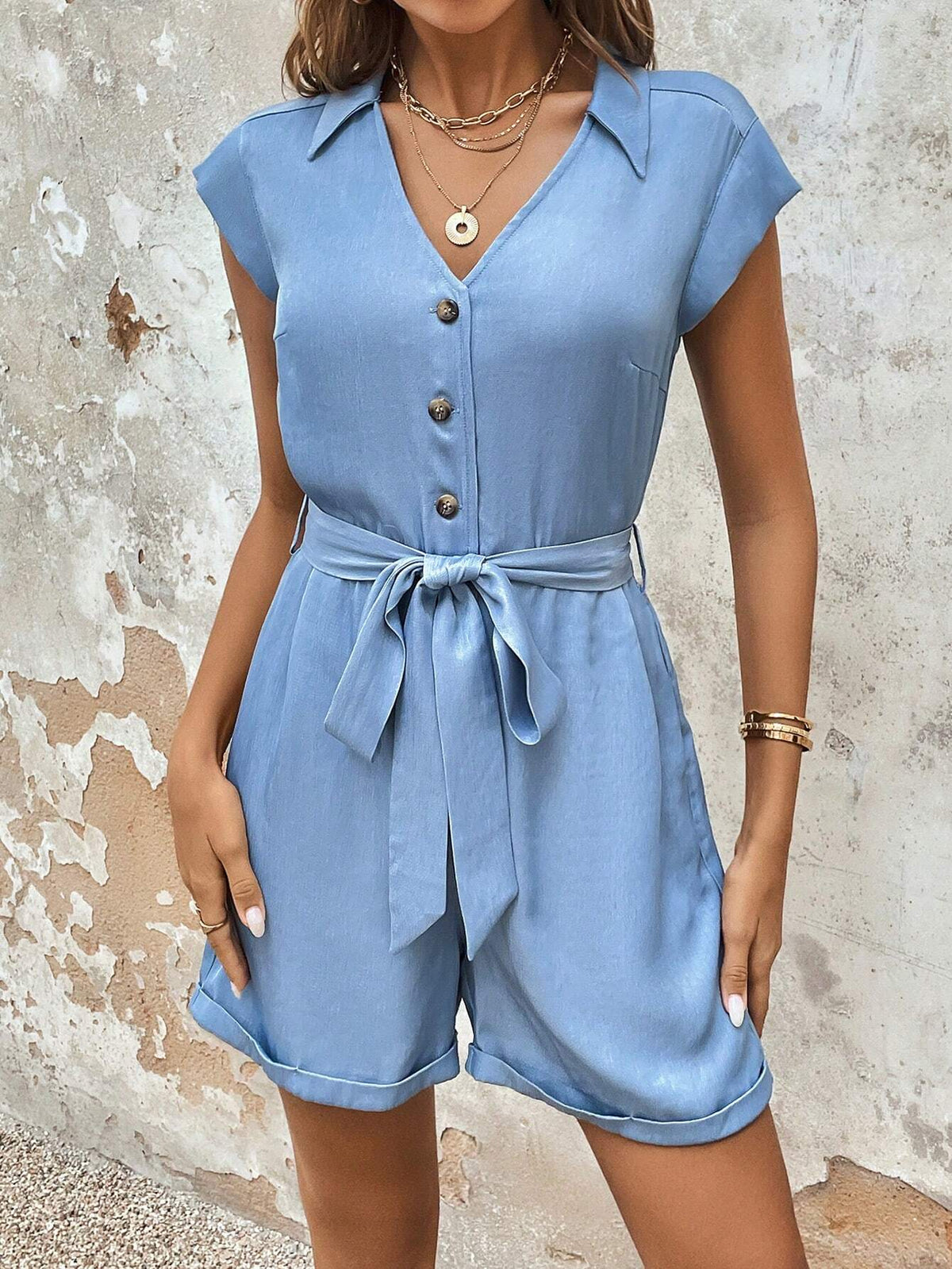 Solid Button Front Belted Romper