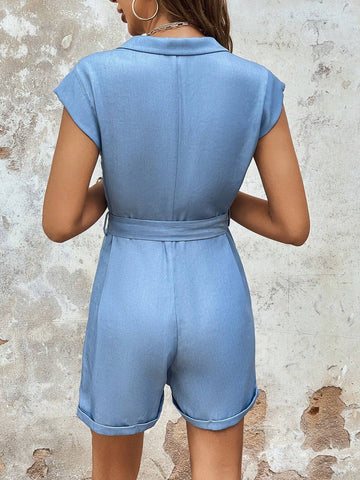 Solid Button Front Belted Romper