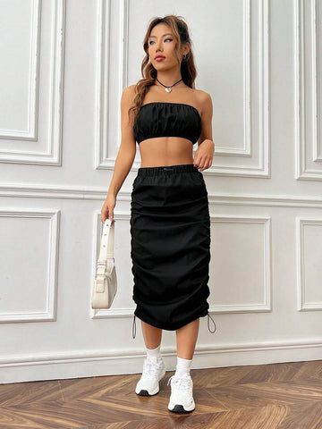 Solid Tube Top & Drawstring Side Skirt