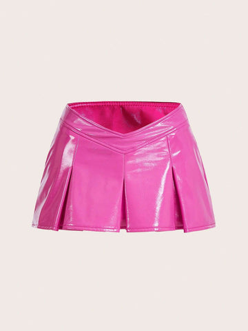 ICON Solid Pleated Hem PU Skirt