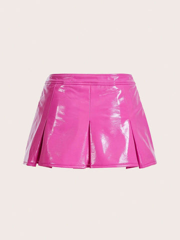 ICON Solid Pleated Hem PU Skirt