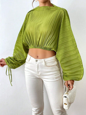 Solid Drawstring Cuff Dolman Sleeve Crop Blouse